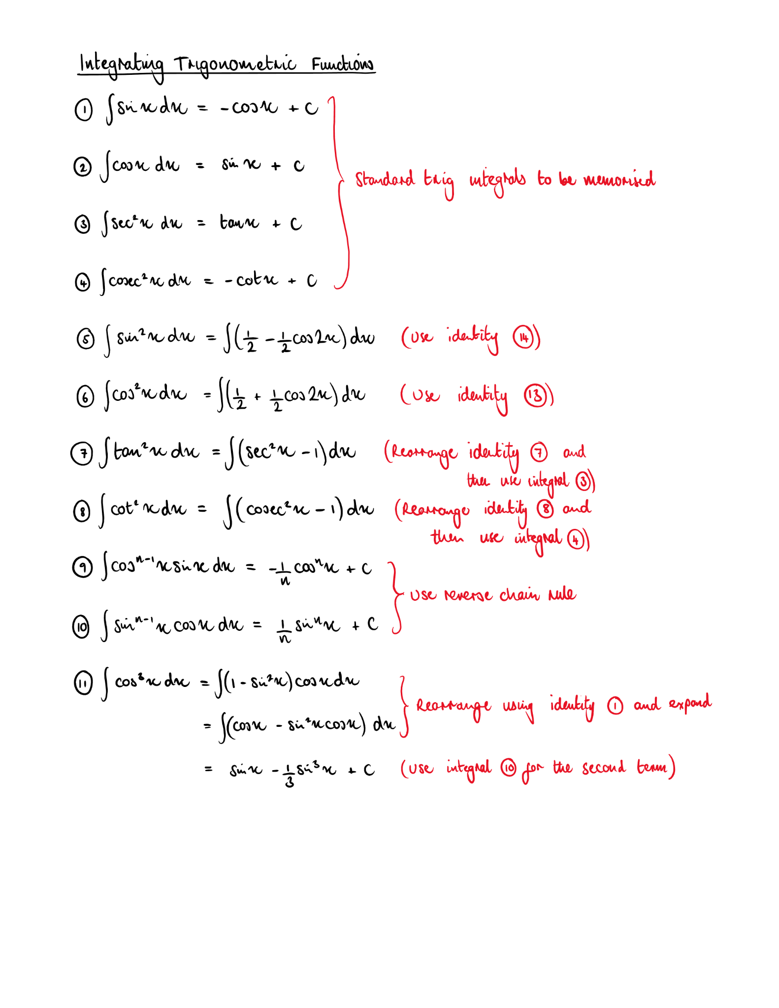 Handwritten A-Level trigonometric integration notes with red teaching annotations