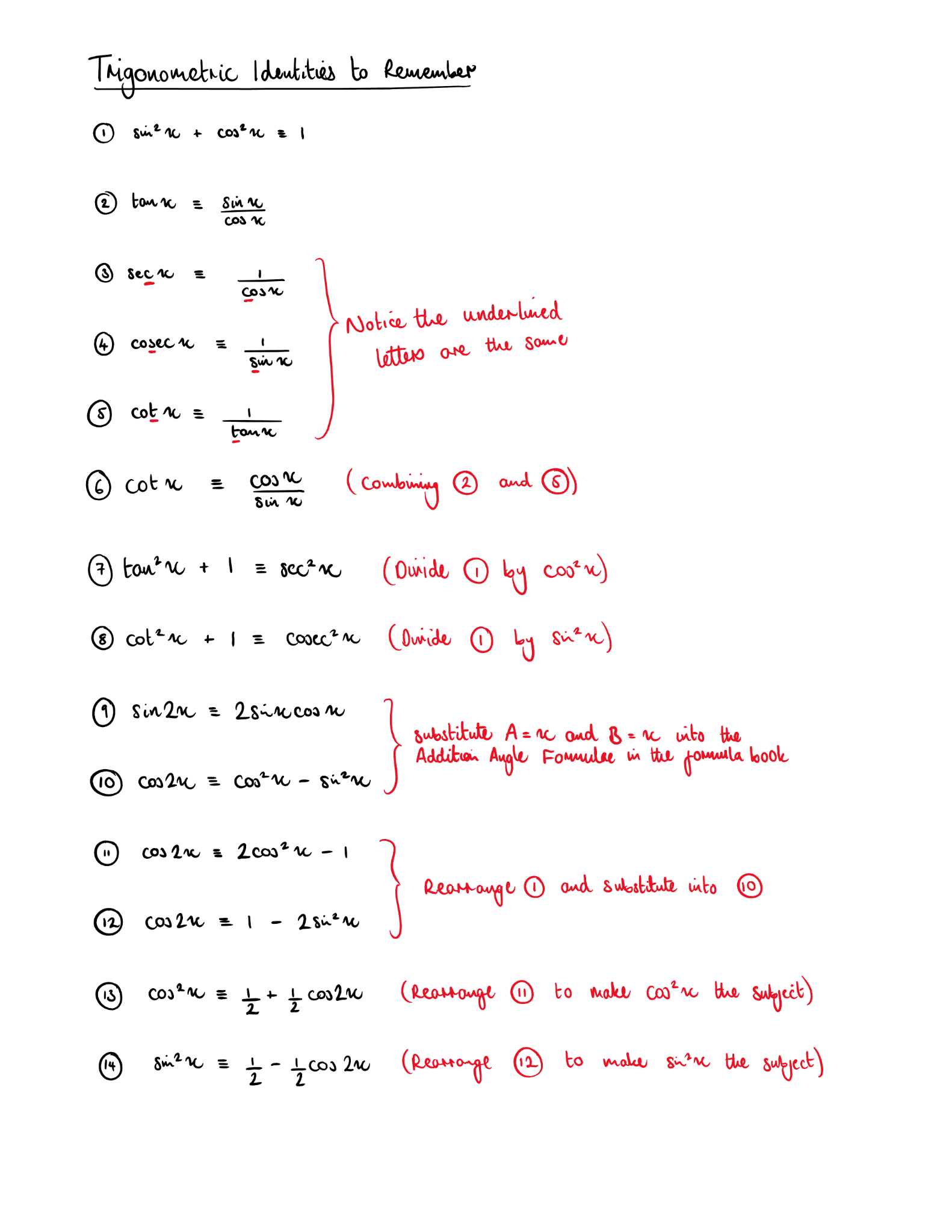 Preview of handwritten A-Level trigonometric identities lesson notes