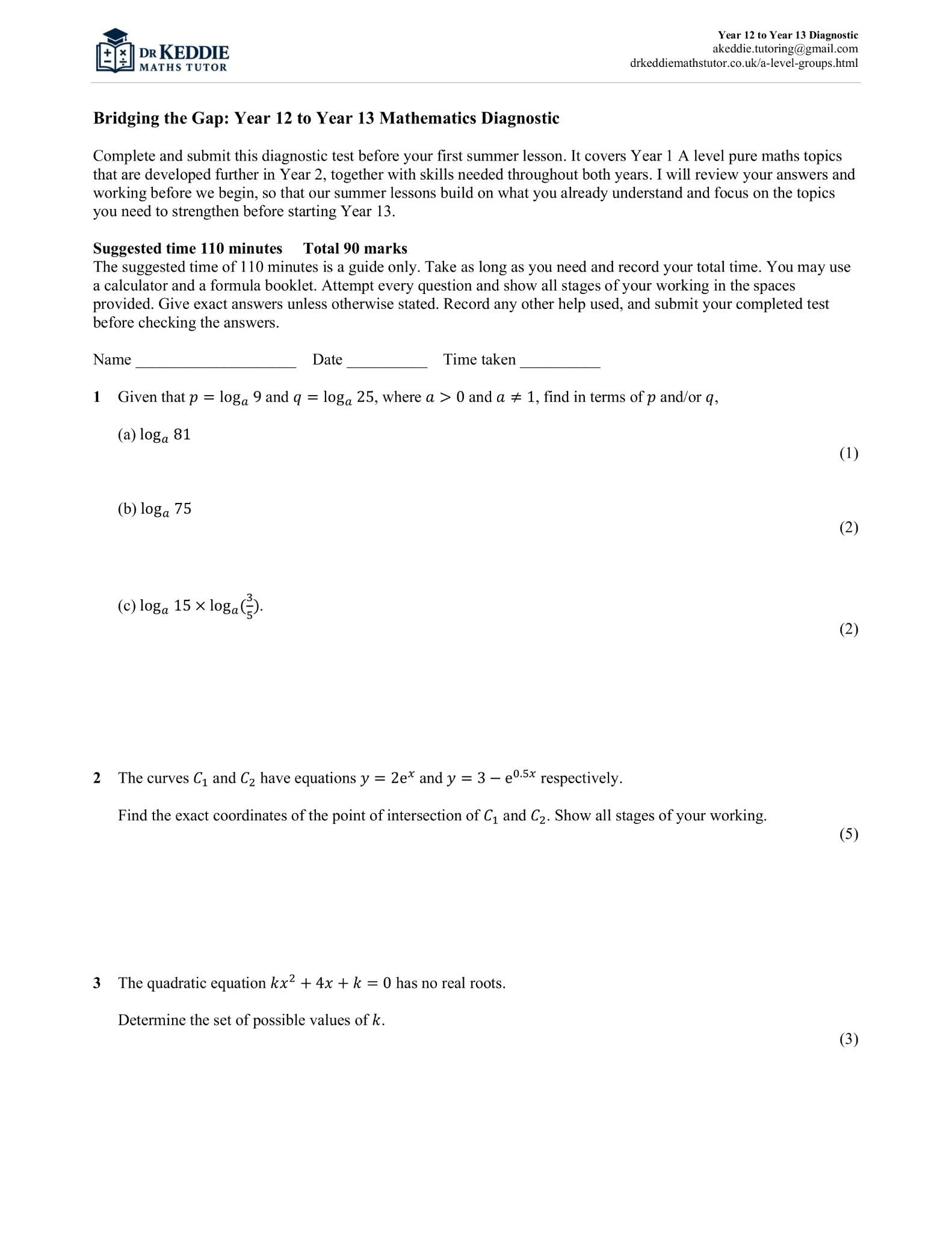 First page of Bridging the Gap, a Year 12 to Year 13 pure maths diagnostic test