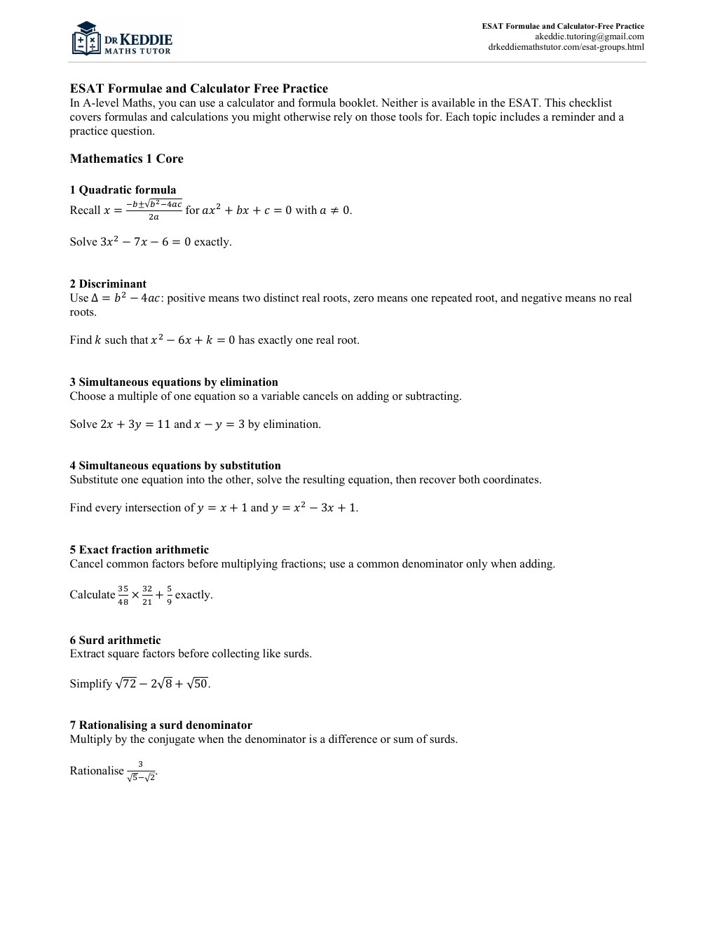 Preview of the ESAT Mathematics preparation checklist