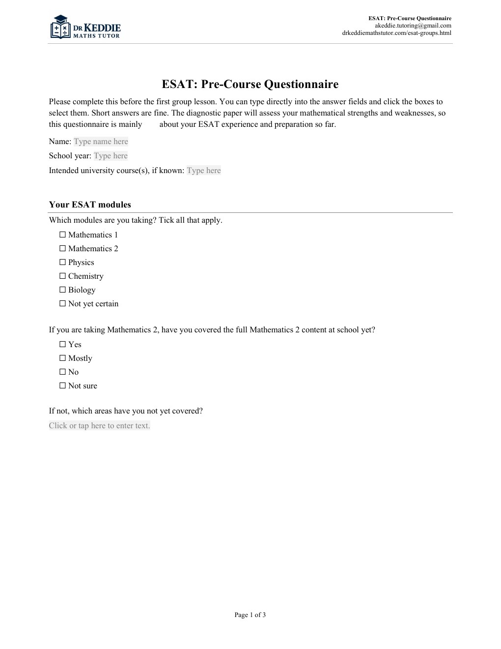 First-page preview of the ESAT pre-course questionnaire