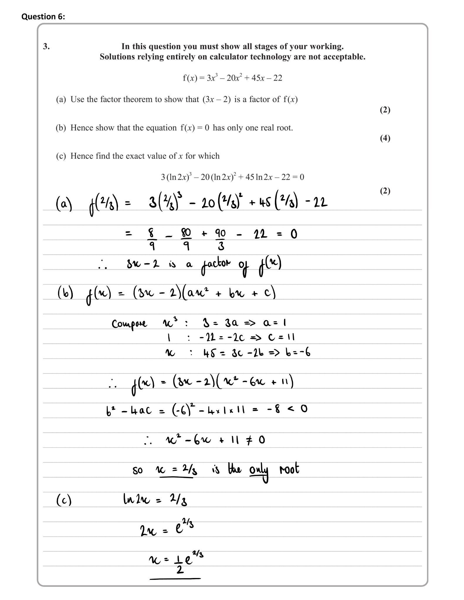 Preview of an A-Level logarithms and algebra homework question with handwritten solution