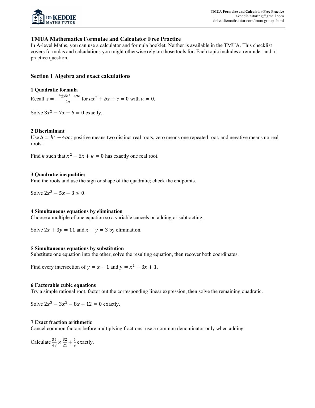 First-page preview of the TMUA formulae and calculator-free practice checklist