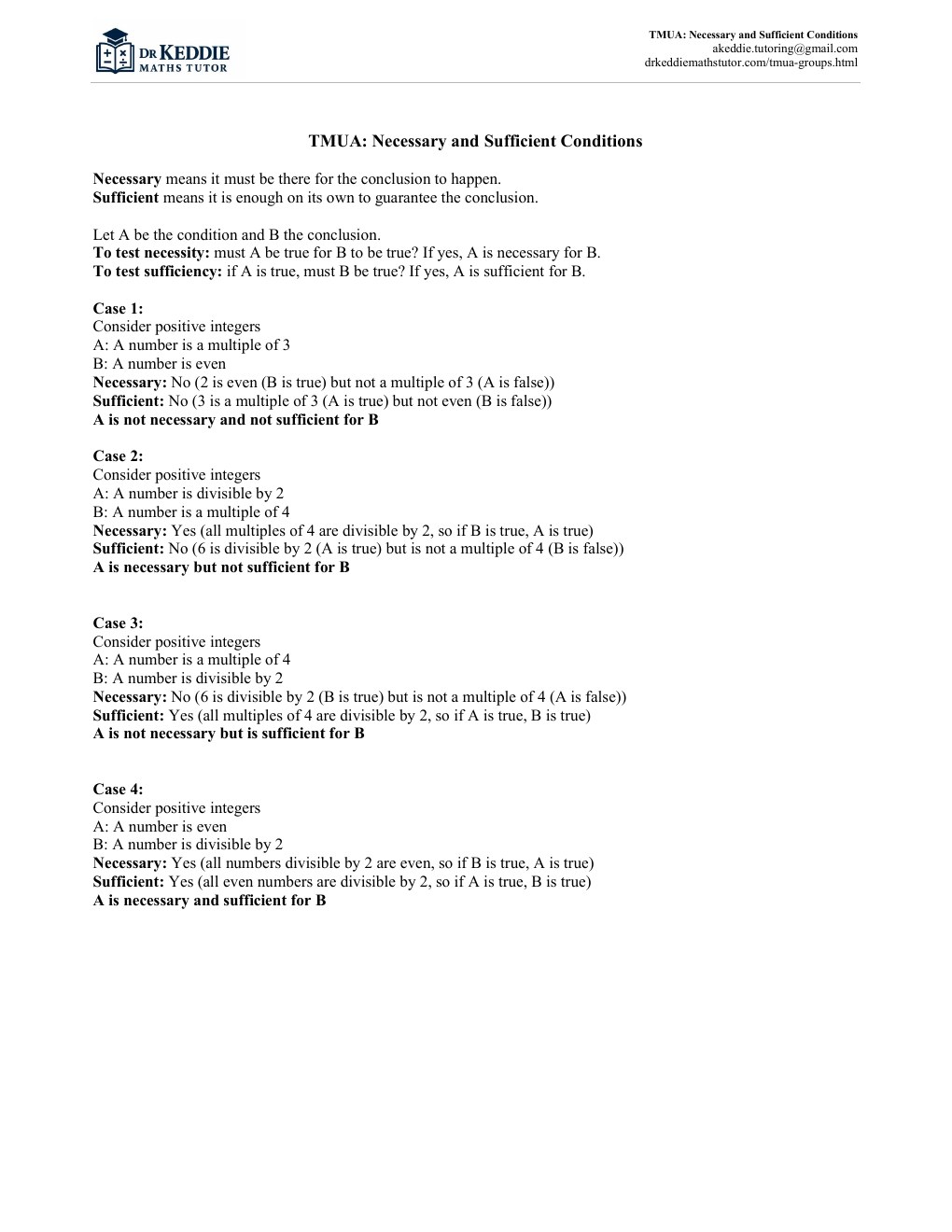 First-page preview of the TMUA necessary and sufficient conditions guide