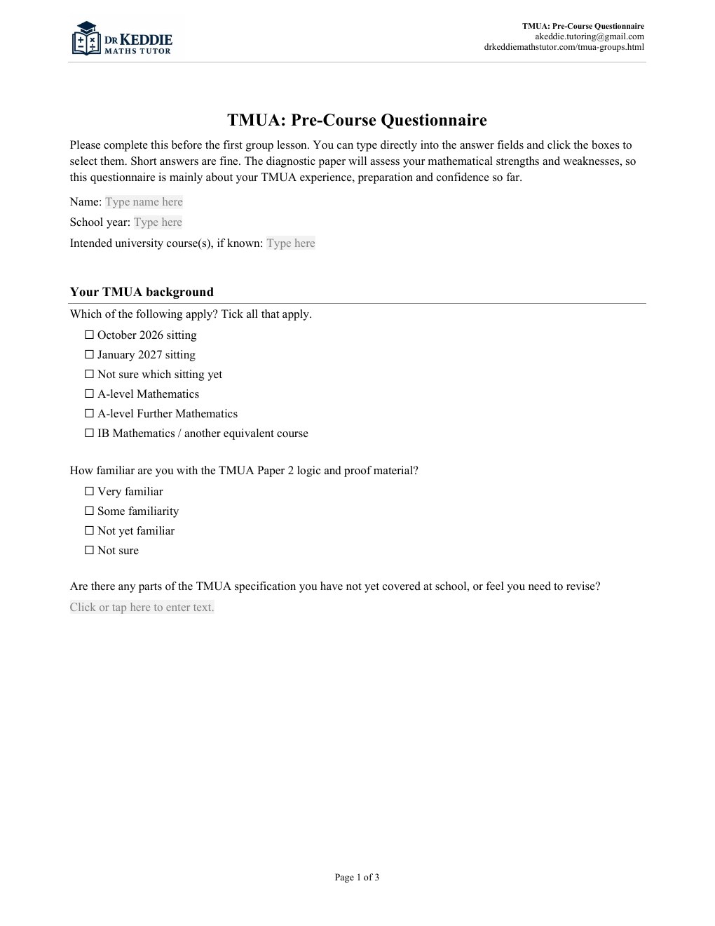 First-page preview of the TMUA pre-course questionnaire